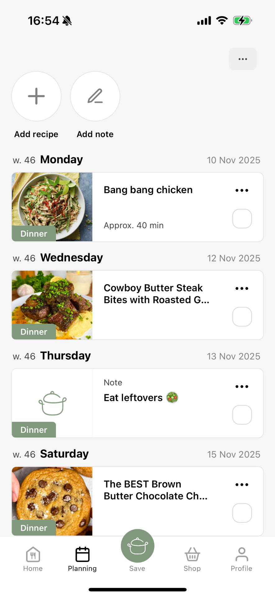 RecipeMind meal planning interface